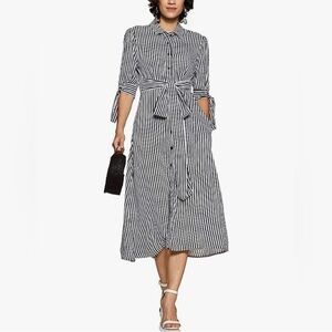 MANGO Black White Striped Shirt Midi Tie Dress